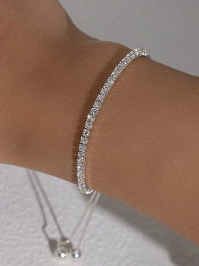 1pc Minimalist Mini Thin Circle & 0.1ct Tennis Diamond Chain Bracelet For Women, 925 Sterling Silver