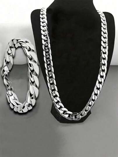 1pc Stainless Steel Minimalist Necklace, 1pc Bracelet Set For Men