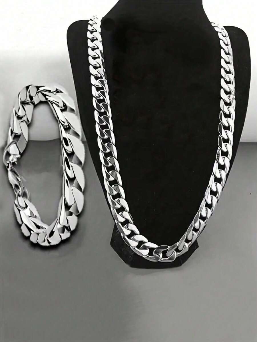 1set Men's Minimalist Stainless Steel Necklace, Bracelet And Jewelry Set