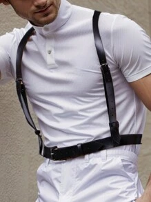 歐美男士時尚束縛pu皮革護帶皮帶帶胸部吊帶黑色腰帶 - 黑色 - 查看 4