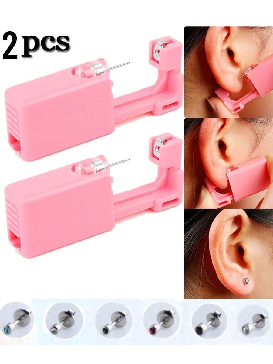 2Pcs Ear Piercing Gun Disposable Safe Painless Sterile Piercer Tool Machine Kit Cartilage Tragus Helix Piercing Gun Stud Body Jewelry - Pink - View 1