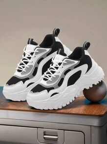 Womens Sneakers Fashion Thick Soled Comfort Casual Shoes Breathable Mesh Running Workout Shoes - 黑與白 - 查看 1