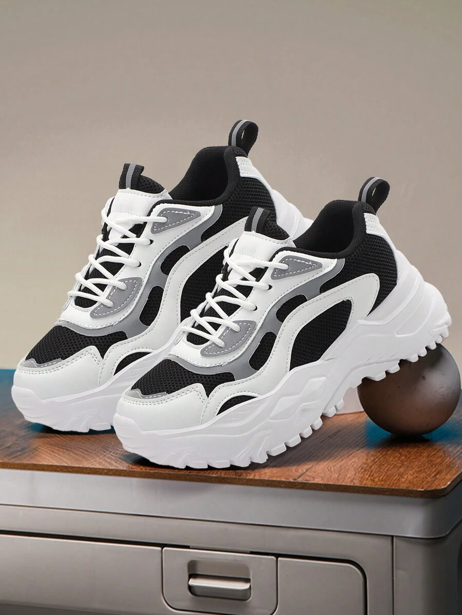 Womens Sneakers Fashion Thick Soled Comfort Casual Shoes Breathable Mesh Running Workout Shoes - 黑與白 - 查看 1