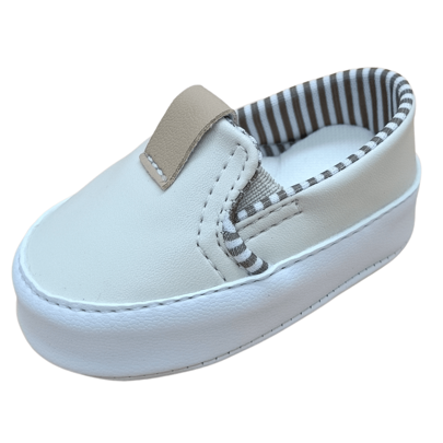 Sapatinho de bebe Menino Tênis de bebe Slip On forro Listra Marfim/Castor