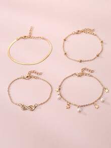 Set de 4 pulseras con aros de flores de perlas para niñas, diseño manual con cuentas y cadena con forma asimétrica - Dorado - Ver 2