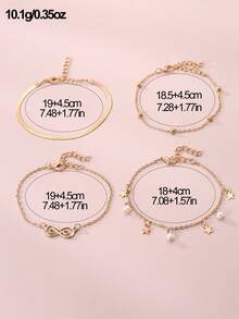 Set de 4 pulseras con aros de flores de perlas para niñas, diseño manual con cuentas y cadena con forma asimétrica - Dorado - Ver 6