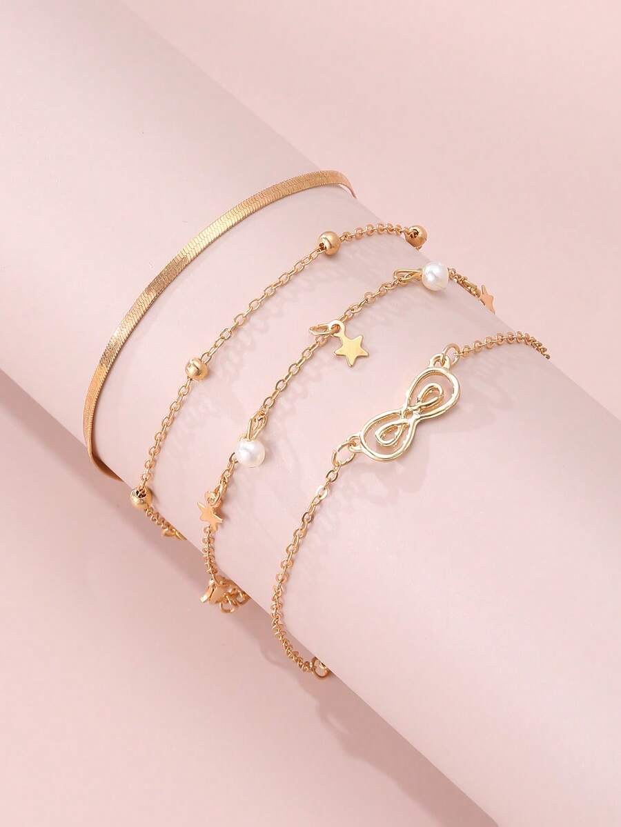 Set de 4 pulseras con aros de flores de perlas para niñas, diseño manual con cuentas y cadena con forma asimétrica - Dorado - Ver 1