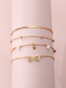 Set de 4 pulseras con aros de flores de perlas para niñas, diseño manual con cuentas y cadena con forma asimétrica - Dorado - Ver 3