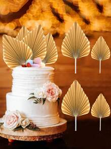 4pcs Palm Leaves Cake Topper Mini Paper Fan Happy Birthday Cupcake Toppers For Spear Birthday Wedding Party Baking Dessert Cake Decoration Supplies, Back To School Valentine Day - 4pcs Gold - View 1
