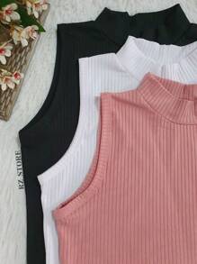 KIT 3 CROPPED GOLA ALTA SEM MANGA CANELADO FEMININA BASICA MODA GRINGA - Rosê - Visão 3