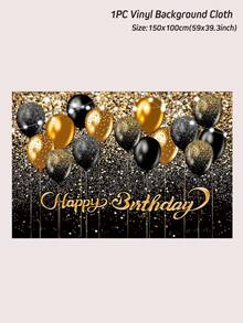 1入組100*150cm黑金氣球型生日短暫橫幅，有“生日快樂”字樣，背景布料完美裝飾生日成人禮儀式派對，生日家庭假日派對室內牆壁裝飾用品 - 黑金色 - 查看 2