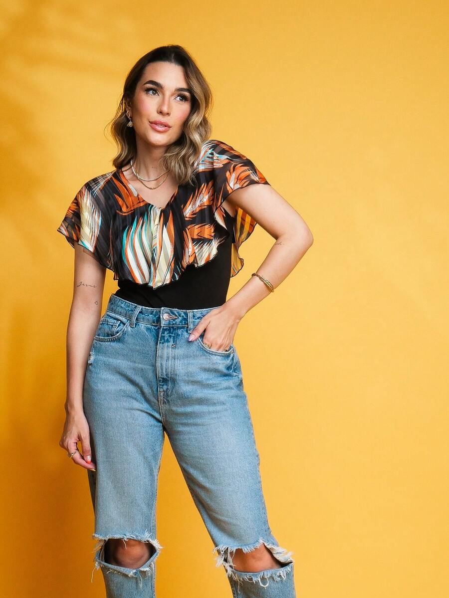 Body feminino estampado babardo - Amarelo - Visão 1