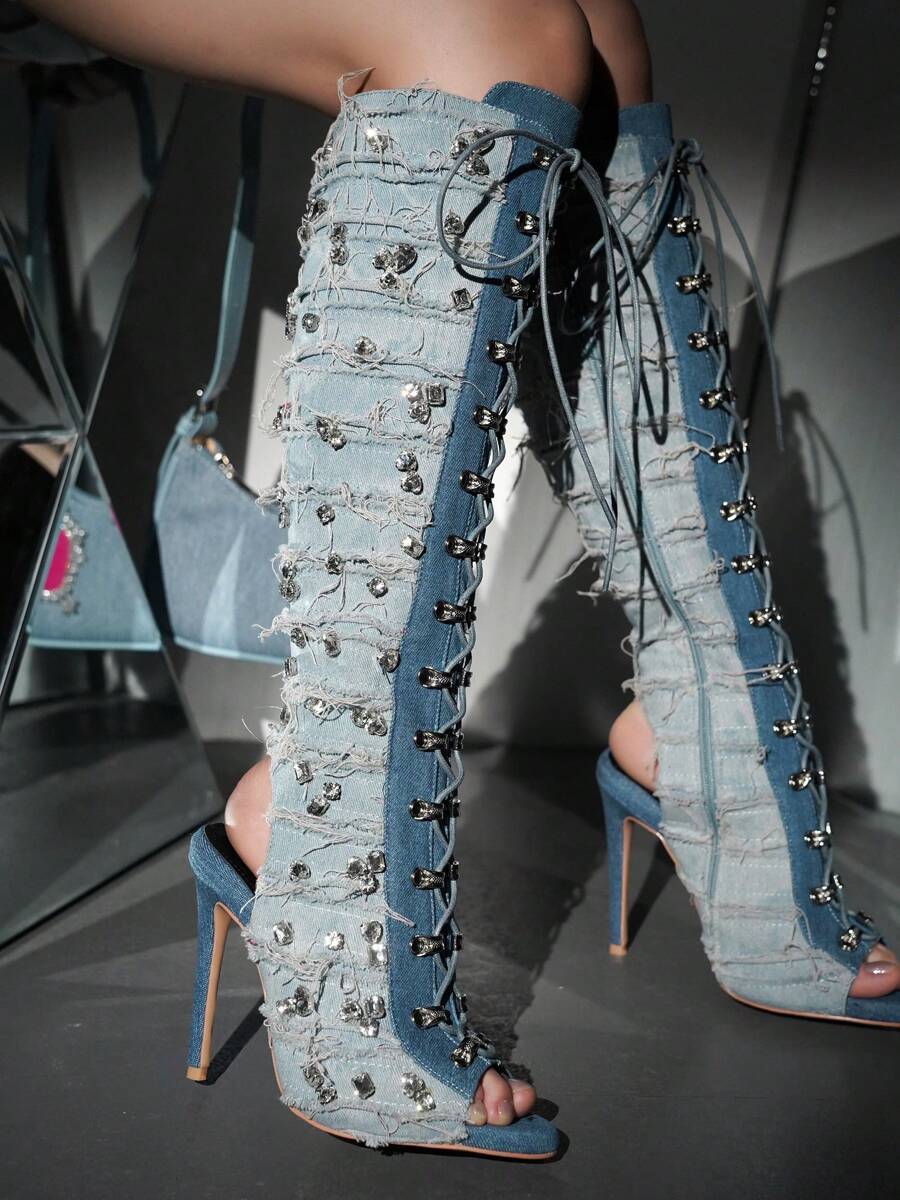 Women's  Peep Toe Knee-High Lace-Up Heels - Single Pointy Toe Denim Knee High High Heel For Casual Parties - 藍色 - 查看 1