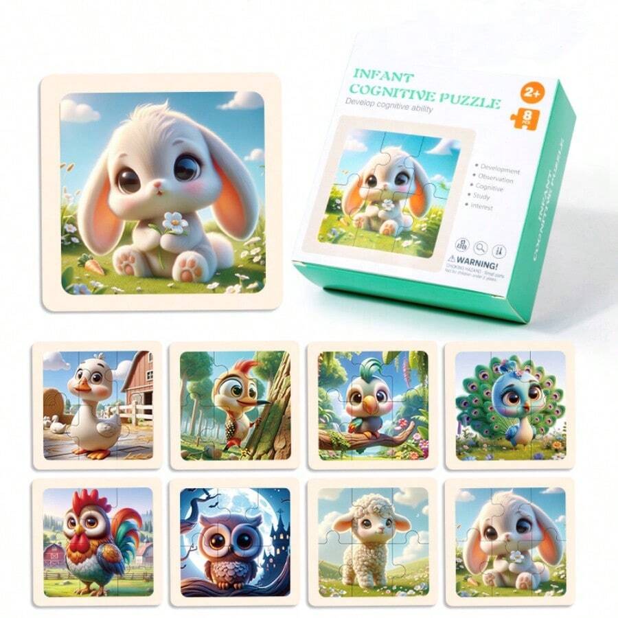 [8 Sheets/Box Animal Design 6 Pieces Wooden Children's Puzzle Set] Cartoon 3d Puzzle Early Education Cognition Toy For Babies Aged 0-3