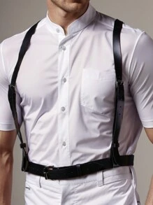 歐美男士時尚束縛pu皮革護帶皮帶帶胸部吊帶黑色腰帶 - 黑色 - 查看 3