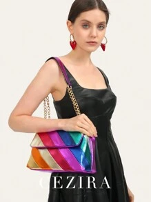 CEZIRA 1 pieza Bolso de hombro de mujer de PU con rayas metálicas y de color parchwork, con tapa con solapa, cadena metálica larga de cruz, bolso de Body transversal para adolescentes, chicas universitarias, oficina y salidas, elegante y colorido bolso de mujer de moda