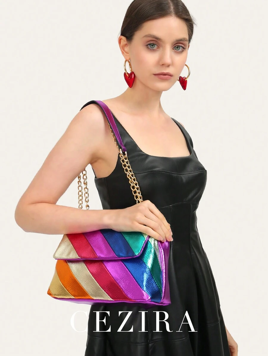 CEZIRA 1 pieza Bolso de hombro de mujer de PU con rayas metálicas y de color parchwork, con tapa con solapa, cadena metálica larga de cruz, bolso de Body transversal para adolescentes, chicas universitarias, oficina y salidas, elegante y colorido bolso de mujer de moda