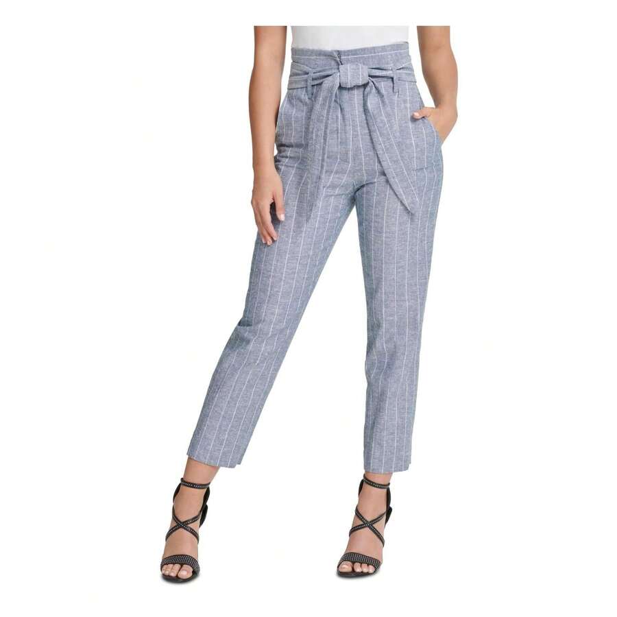 DKNY Womens Linen Blend Striped High-Waist Pants - Blue - View 1