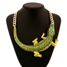 1 Pieza Collar De Babero Con Pedrería Llamativo Y Glamoroso Para Damas, Colgante De Caimán Estilo Punk, Accesorio De Joyería Fina Para Fiestas Y Noche De Vestir - Dorado - Ver 4