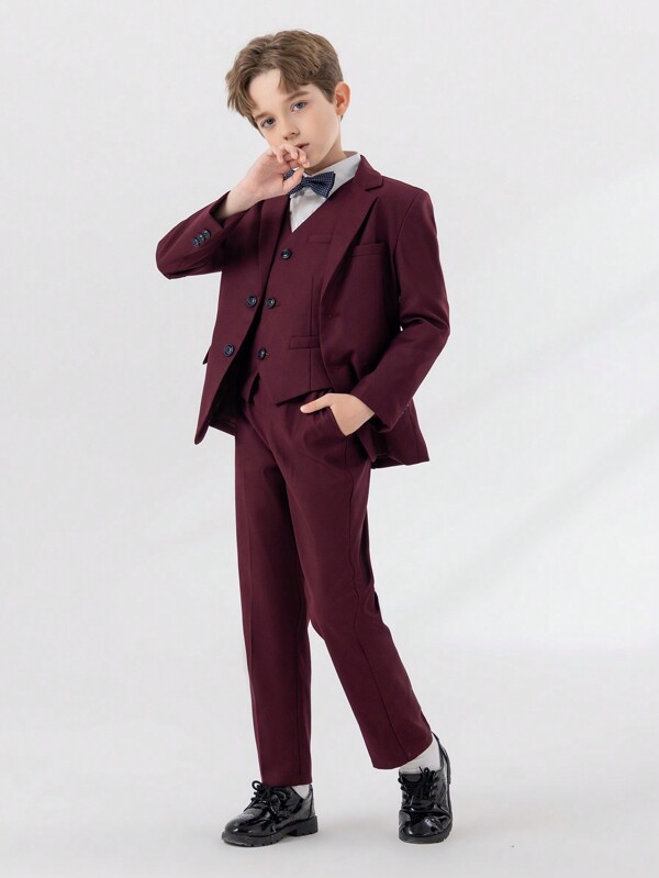 Conjunto de 4 piezas de traje de caballero para niño, incluye chaqueta, chaleco, pantalones y moño, diseño minimalista y elegante, adecuado para festivales, ceremonias y ocasiones diarias