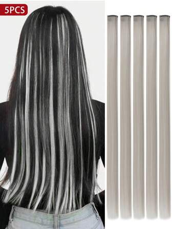 5 PCS Grey Colored Clip In Hair Extensions 20 Inch Long Straight Hairpieces Clip In Synthetic, Halloween Cosplay Dress Up Fashion Party Christmas New Year Gift For Women Christmas New Year Carnival Music Festival Use(Grey)
