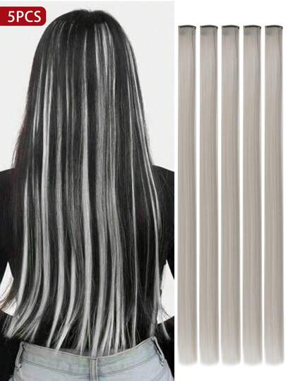 5 PCS Grey Colored Clip In Hair Extensions 20 Inch Long Straight Hairpieces Clip In Synthetic, Halloween Cosplay Dress Up Fashion Party Christmas New Year Gift For Women Christmas New Year Carnival Music Festival Use(Grey)