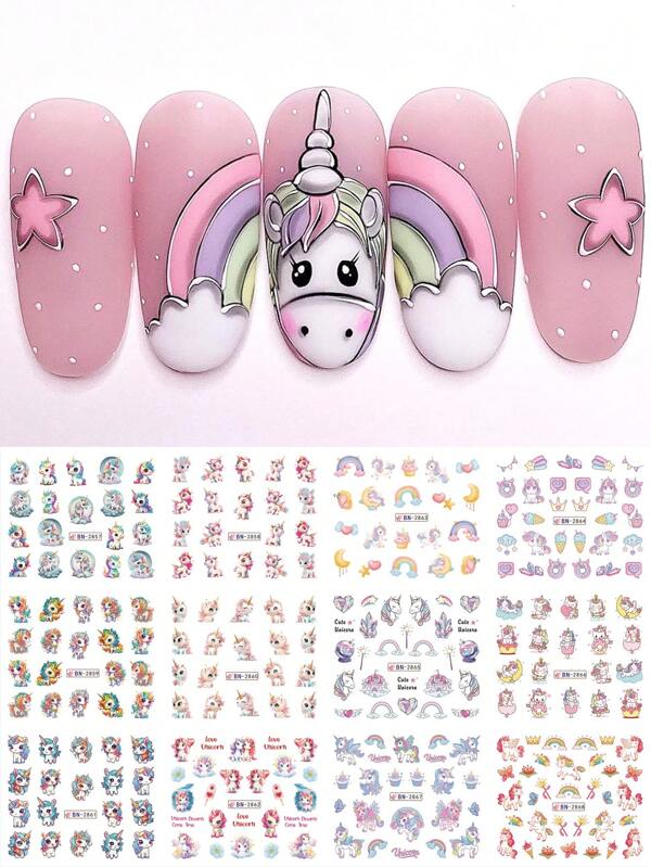 12 Design Nail Art Stickers Unicorn Rainbow Ice Cream Cute Cartoon Pattern Nail Sliders Water Transfer Nail Art Decals Summer Spring Manicure Decorations DIY
