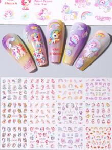 12张独角兽彩虹冰淇淋可爱卡通美甲贴纸，水转印美甲贴花，春夏美甲装饰 - 彩色 - 查看 10