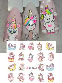 12张独角兽彩虹冰淇淋可爱卡通美甲贴纸，水转印美甲贴花，春夏美甲装饰 - 彩色 - 查看 5