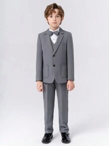 Bộ vest 4 món cho bé trai: Áo khoác + Áo vest + Quần + Phụ kiện phù hợp, Trang phục trang trọng quý ông cao cấp cho trẻ em - Xám - Xem 6