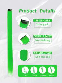 5片绿色夹式接发，20英寸长直发，夹式合成材质，适合万圣节角色扮演、装扮、时尚派对、圣诞节、新年等场合，可作为女性礼物，也可用于圣诞节、新年狂欢节、音乐节等场合（绿色）。
