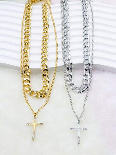 Fashionable Double Layer Cross Pendant Chain Necklace, Gold, Silver Two Strand Combination Set