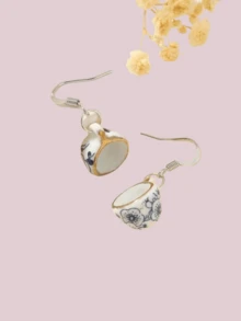 1 Pair Of Girl Gifts, Friend Gifts, Best Friend Gifts, Retro Chinese Style Ceramic Blue And White Porcelain Tea Cups, Ear Hooks, Earrings, Creative Personalized, Hand-Painted Earrings - Multicolor - View 5