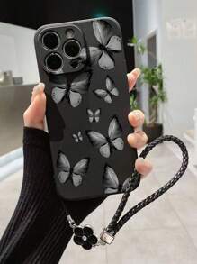 Full Screen Black Butterfly Printed Anti-Fall Phone Case With Precise Cutouts, Including Drip Glue Weave Hand Strap, Compatible With Iphone, Compatible With Galaxy S22 /Compatible With Galaxy A13 4g/Compatible With Galaxy A52/A52s 5g, Compatible With Xiaomi Compatible With Redmi Note11 /Compatible With Xiaomi 11 Lite - Multicolor - View 3