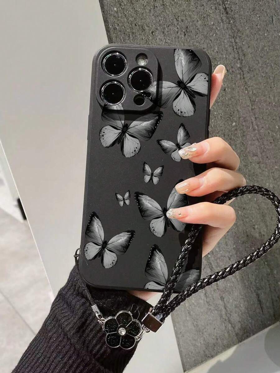 Full Screen Black Butterfly Printed Anti-Fall Phone Case With Precise Cutouts, Including Drip Glue Weave Hand Strap, Compatible With Iphone, Compatible With Galaxy S22 /Compatible With Galaxy A13 4g/Compatible With Galaxy A52/A52s 5g, Compatible With Xiaomi Compatible With Redmi Note11 /Compatible With Xiaomi 11 Lite - Multicolor - View 1