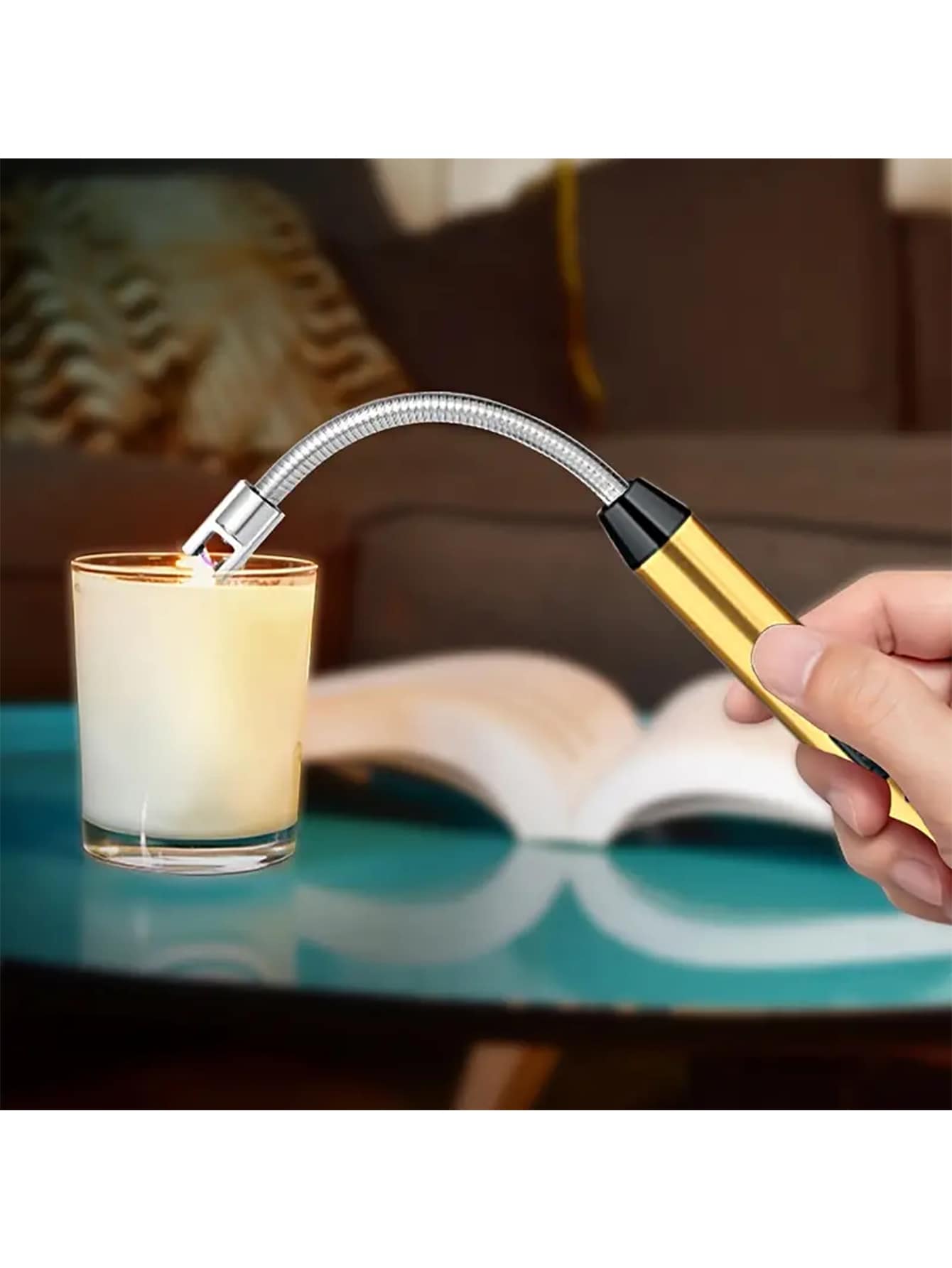 USB-Charging Windproof Lighter, Single Electric Arc, For Camping Cooking & Outdoor Activities, Golden - Gold - View 1