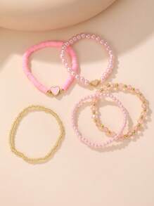 Set de 5 piezas de pulseras con cuentas de mariposa, concha y perla, adecuado para adolescentes y decoración diaria - Rosa - Ver 2