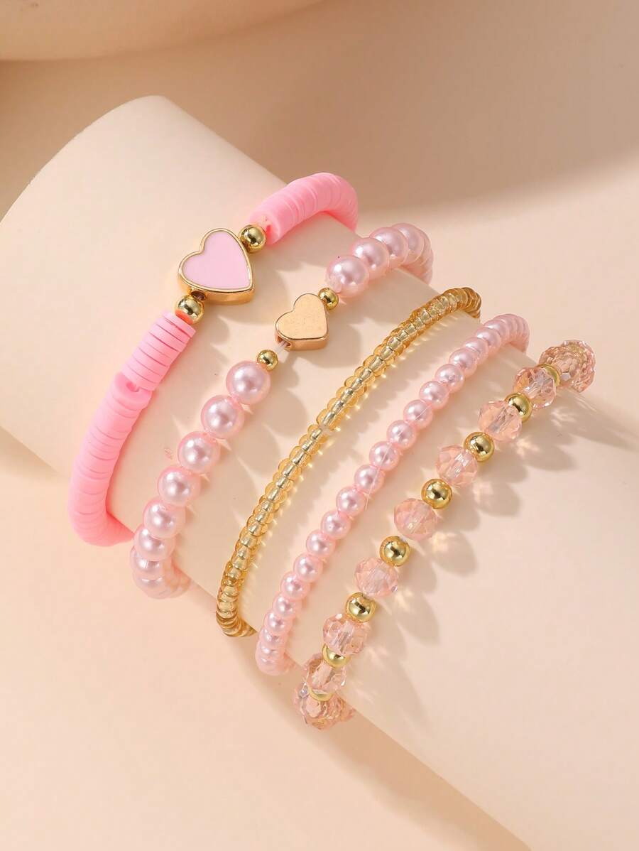 Set de 5 piezas de pulseras con cuentas de mariposa, concha y perla, adecuado para adolescentes y decoración diaria - Rosa - Ver 1