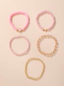 Set de 5 piezas de pulseras con cuentas de mariposa, concha y perla, adecuado para adolescentes y decoración diaria - Rosa - Ver 3