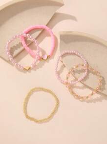 Set de 5 piezas de pulseras con cuentas de mariposa, concha y perla, adecuado para adolescentes y decoración diaria - Rosa - Ver 4