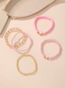 Set de 5 piezas de pulseras con cuentas de mariposa, concha y perla, adecuado para adolescentes y decoración diaria - Rosa - Ver 5
