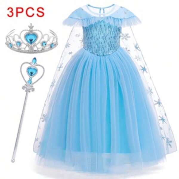 Coroa e cetro menina princesa 2 a 10 anos vestido azul