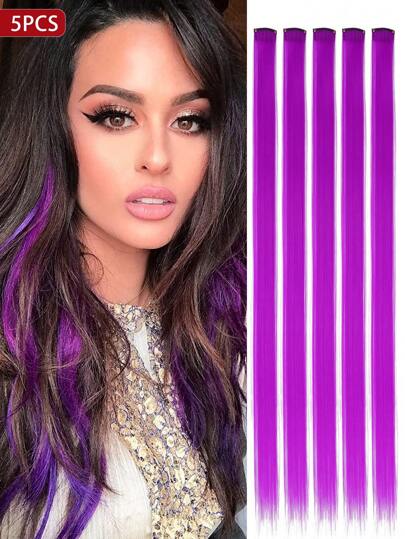 5片紫色夹式接发，20英寸长直发，合成材料，适合万圣节角色扮演、装扮、时尚派对、圣诞节、新年等场合，可作为送给女性的礼物，也适用于圣诞节、新年狂欢节、音乐节等活动（紫色）