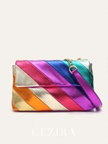 CEZIRA 1 pieza Bolso de hombro de mujer de PU con rayas metálicas y de color parchwork, con tapa con solapa, cadena metálica larga de cruz, bolso de Body transversal para adolescentes, chicas universitarias, oficina y salidas, elegante y colorido bolso de mujer de moda