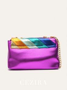CEZIRA 1 pieza Bolso de hombro de mujer de PU con rayas metálicas y de color parchwork, con tapa con solapa, cadena metálica larga de cruz, bolso de Body transversal para adolescentes, chicas universitarias, oficina y salidas, elegante y colorido bolso de mujer de moda