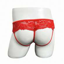 Men's T-Back Lace Thong With Elastic Straps And Thin Edges, Halloween - Red - View 3