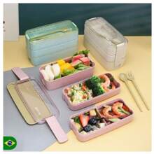 Lunch Box Container 900ml 3 Layers Material Made Of Wheat Straw Microwave Safe - Màu be - Xem 2