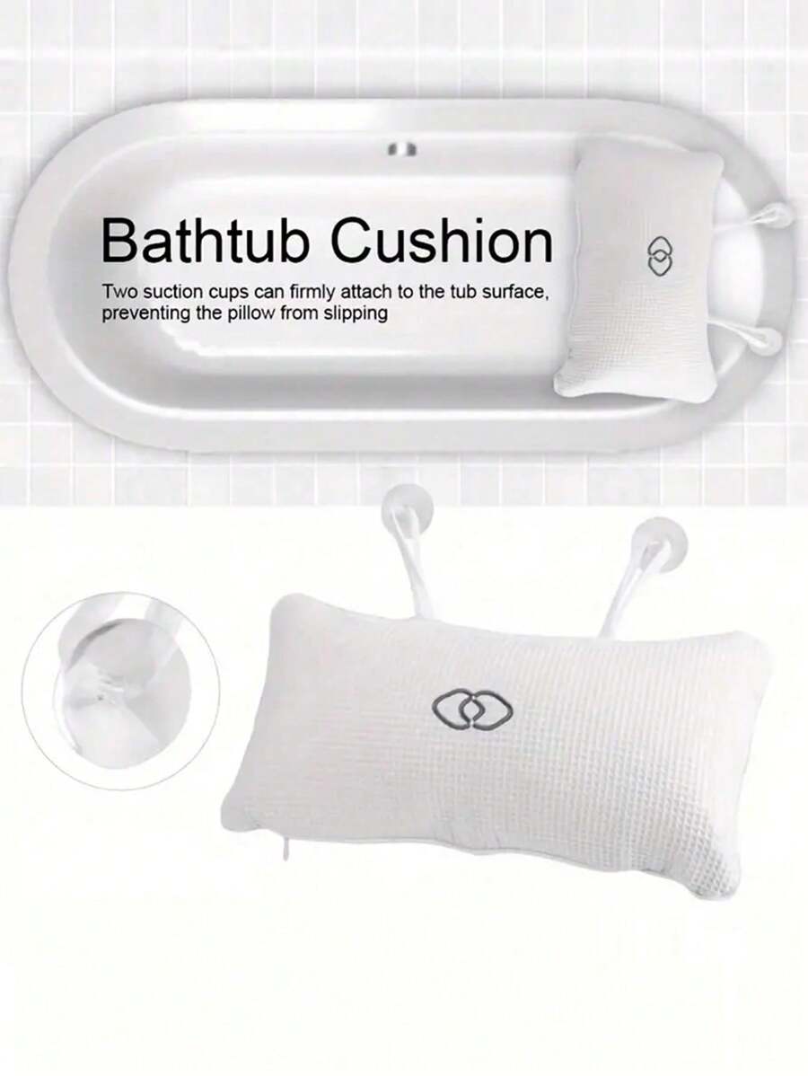 1pc 3D Mesh Suction Cup Bathtub SPA Inflatable Pillow (Built-In PVC Inflatable Bag), For Neck And Back Home Bathroom. - White - View 1