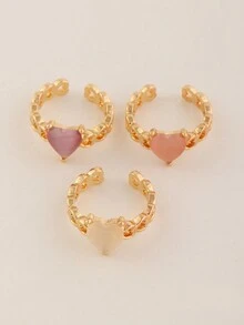 Set de 3 anillos con forma de corazón hueco y piedra de ojo de gato para niñas - Multicolor - Ver 3