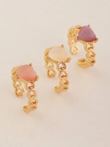 Set de 3 anillos con forma de corazón hueco y piedra de ojo de gato para niñas - Multicolor - Ver 1